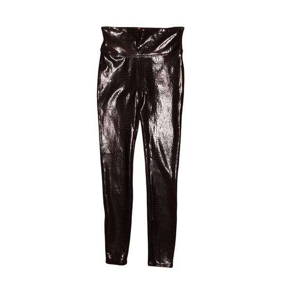 SPANX $98 Faux Leather Croc Shine Leggings Black Brown Power Waistband Small - Picture 1 of 4